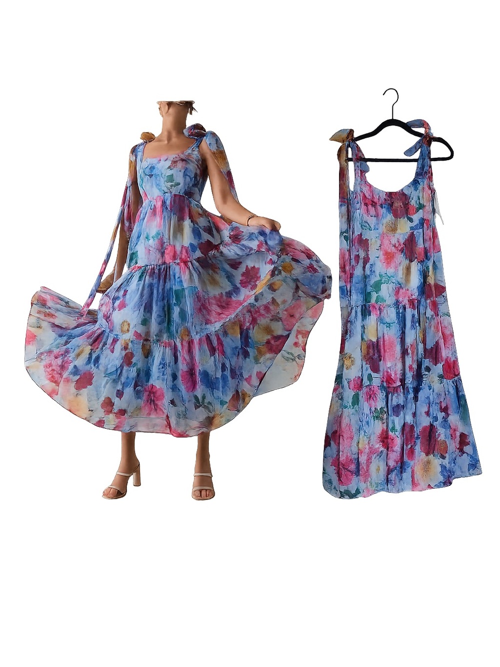 Francesca’s Floral Blue Tiered Maxi Dress with Pink Sequin Bodysuit Layer